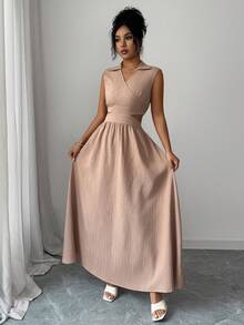 EMERY ROSE Damen Khaki Wellentextur V-Ausschnitt Taillengürtel rückenfreies sexy A-Linien Kleid - Khaki - Übersicht 8
