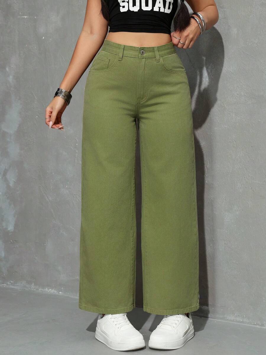 SHEIN PETITE Women's Pocket Button Casual Versatile Daily Wear Wide Leg Jeans - Green - View 1