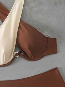 Swim SXY 女士棕白拼接交叉高腰性感比基尼套装，适合海滩度假 - 棕色 - 查看 8