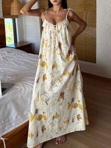 DAZY Vacation Style Abstract Graffiti Print Lace Trim Spaghetti Strap Long Women Nightgown - Apricot - View 9