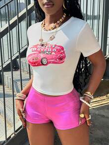 INAWLY 男士修身短袖T恤，印有汽车和字母图案，女士上衣 - 白色 - 查看 3