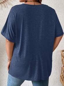SHEIN LUNE Plus Size Women Casual Solid Color Minimalist Pocket Short Sleeve T-Shirt - Blue - View 2