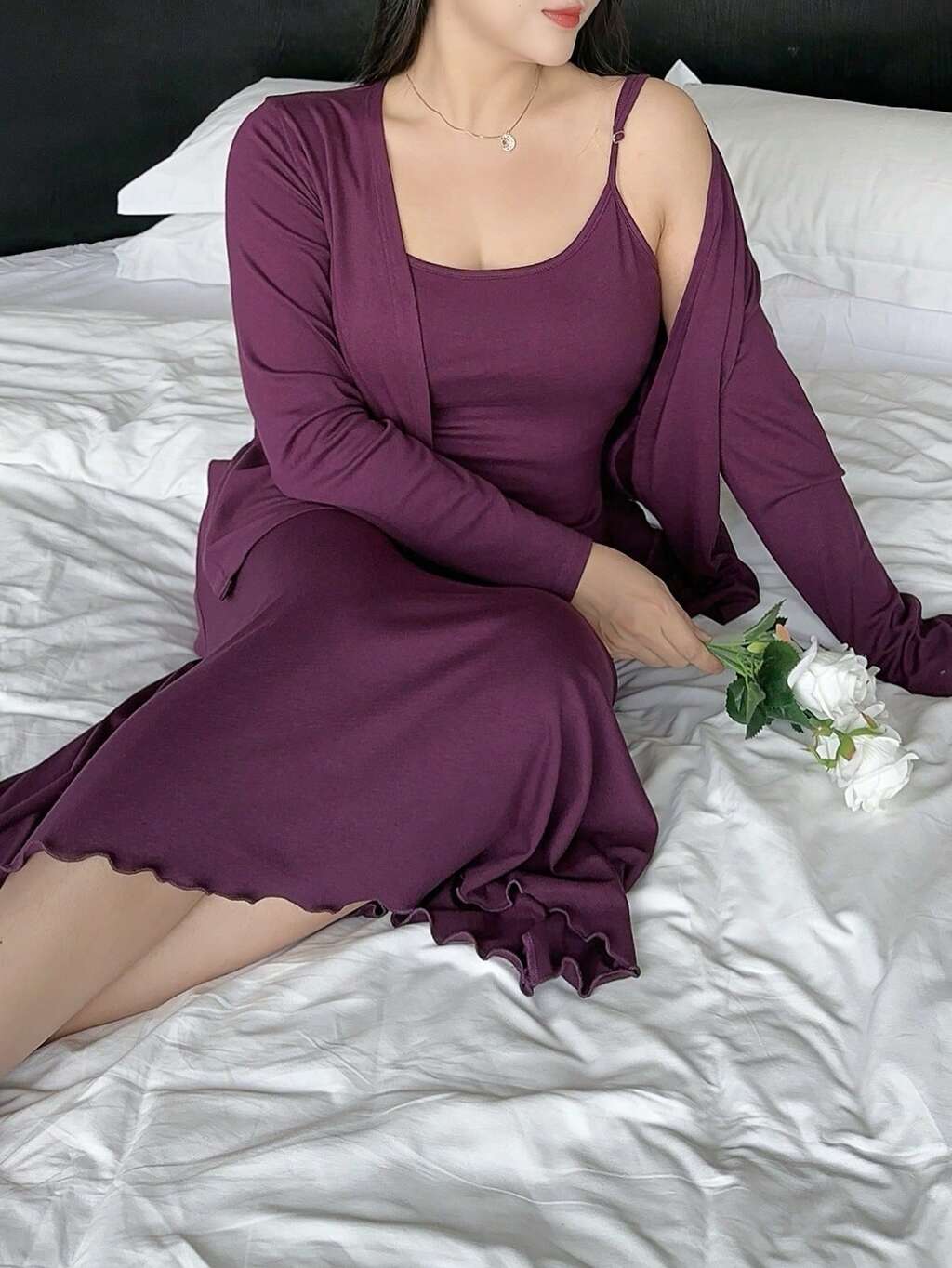 Dazy Plus Plus Size Solid Color Button Front Long Sleeve Jacket & Spaghetti Strap Nightgown Elegant Sleepwear Set