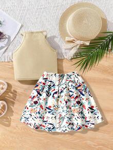 Young Girl' Knit Vest & Printed Skirt Set, Suitable For Daily Commute, Outdoor Activities, Showcasing Lively And Cute Style - Khaki - View 2