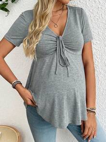 SHEIN Kaos Lengan Pendek Kasual Serbaguna untuk Wanita Hamil dengan Desain Lipatan dan Kerutan, Cocok untuk Sehari-hari di Musim Gugur. - Grey - View 4