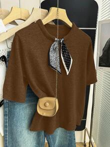 Franclia Coffee Brown,Autumn,Ellegant,Office French Chic Round Neck Short Sleeve Knit Blouse,Contrast Bow Collar Design Paisley & Polka Dot Ribbed Trim Top - Brown - View 4