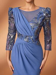 Serin 优雅奢华的珍珠亮片串珠薄纱拼接袖弹力针织褶皱鱼尾裙，适合婚礼、派对、假日、新娘、新娘母亲、晚礼服等场合。 - 藍色 - 查看 2