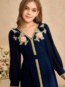 Elegante abito in chiffon con scollo a V e fili d'oro, manica lunga, adatto per matrimoni, gala, compleanni, feste e cerimonie per ragazze pre-adolescenti - Blu Navy - Visualizzare 6