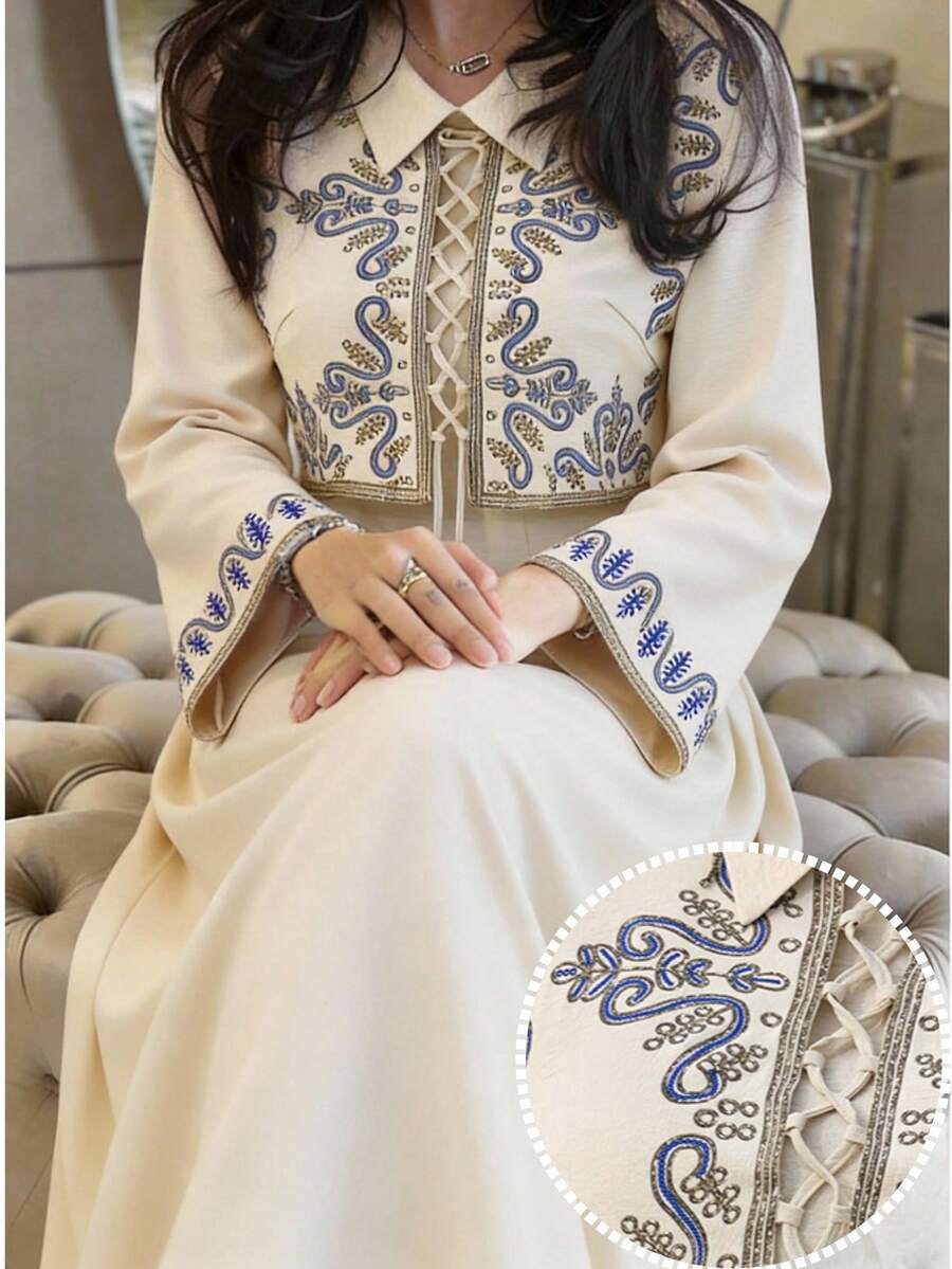 Al Najma 女士刺绣系带喇叭袖优雅阿拉伯风格连衣裙
