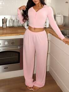 Lowkey Lull Women's Solid Color Single-Breasted Long Sleeve Cropped Top And Pants Pajama Set - Pink - View 3