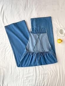Comfortcana 大码女式夏季休闲度假日常通勤交叉露背宽松阔腿连体裤 - 中等水洗藍 - 查看 2