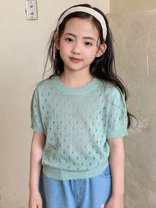 DAZY Áo len cổ tròn tay ngắn cho bé gái, trang phục mùa thu. - màu xanh lá - Xem 3