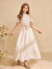 Vestido elegante y lujoso de color rosa con diseño de hombros descubiertos, cintura ceñida y ajuste cómodo para niñas preadolescentes - Rosa - Ver 6