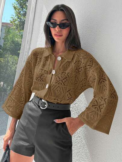 SHEIN Cottnline الجاكيت الكاردجان المحبوك اللون الأحادي المفتوح للنساء