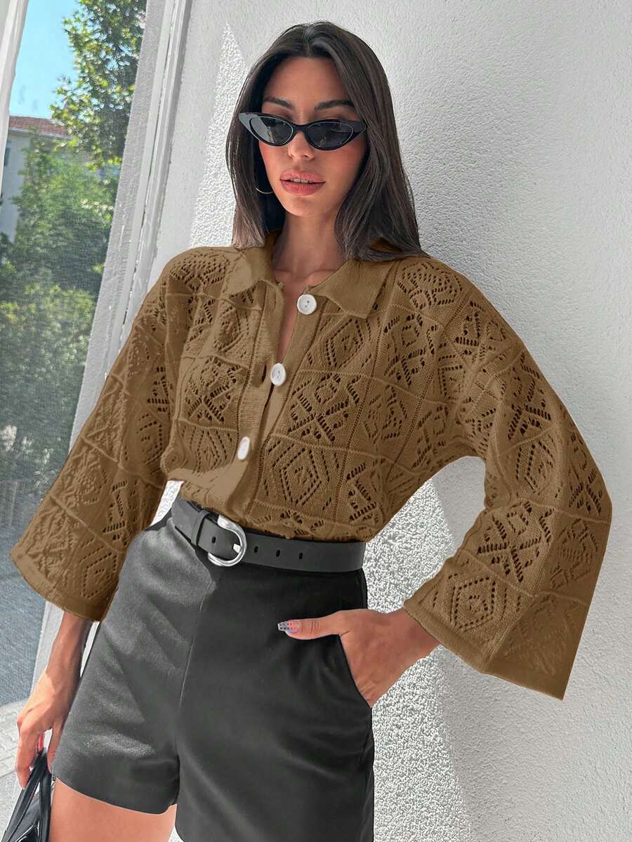 SHEIN Cottnline الجاكيت الكاردجان المحبوك اللون الأحادي المفتوح للنساء - بيج - مشاهدة 1