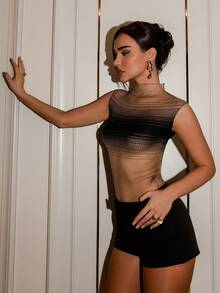 Bris Aura 渐变色半透明弹力修身短袖T恤上衣 - 黑色 - 查看 6