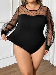 SHEIN CURVE+ Plus Size Women Flocked Polka Dot Mesh Patchwork Jumpsuit - Black - View 6