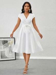 SHEIN Lady Women's Solid Color V-Neck Wrap Elegant Short Sleeve Mid-Length Dress,Summer Dresses For Women - White - View 3