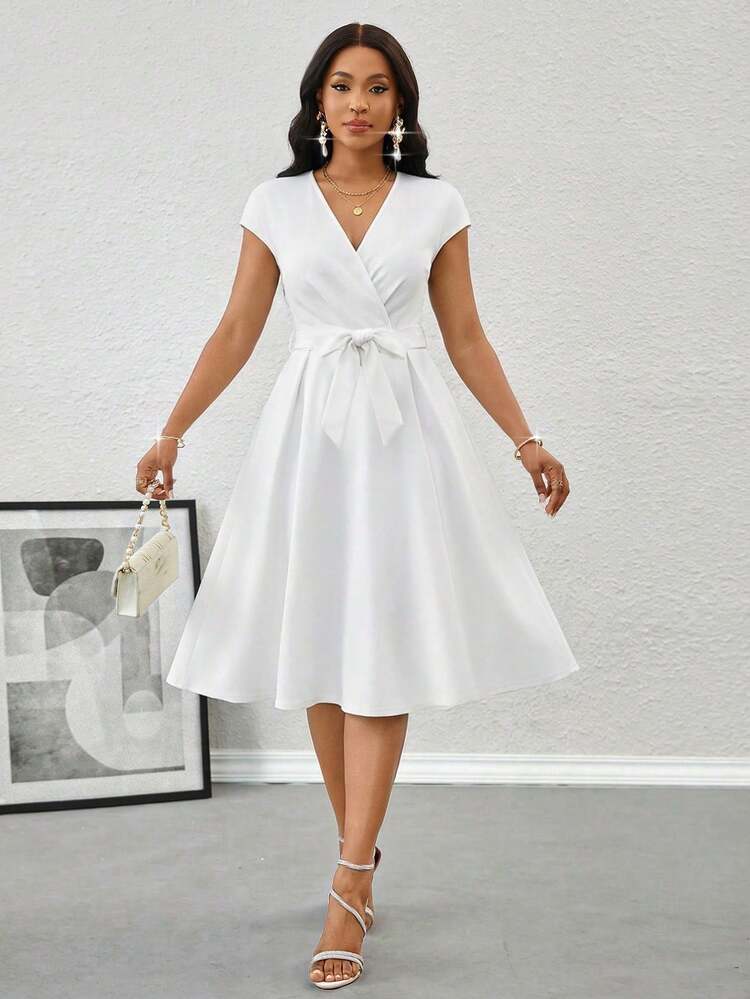 SHEIN Lady 女士纯色V领裹身优雅短袖中长连衣裙 - 白色 - 查看 3