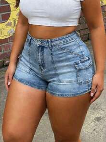 Slaydiva Plus Size Women Summer Casual Fashion Street Chic Everyday Commute Flap Pocket Denim Shorts Jorts - Medium Wash - View 3