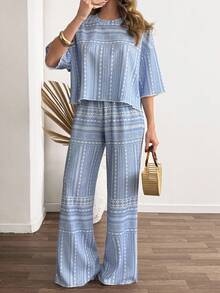 Cloudara Printed Two Pieces Set – Oversize T-Shirt And Elastic Waist Wide Leg Pants - Multicolor - View 1