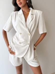 Aloruh Elegant Khaki Linen Half Sleeve Lapel Blazer For Women Regular Fit Workwear - Khaki - View 5