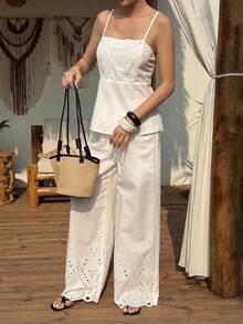 Livesso 女士度假镂空刺绣吊带背心和裤子休闲两件套 - 白色 - 查看 5