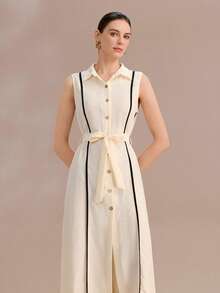 Uhlyne 女士翻领短袖撞色滚边梭织衬衫裙 - 杏色 - 查看 2