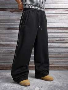 AXEPEAK Celana Jogging Kasual Sehari-hari dengan Tali Serut Longgar dan Motif Patchwork. - Hitam - View 4
