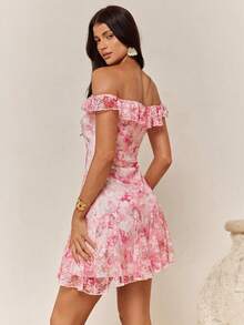 Enchnt 露肩印花连衣裙，甜美浪漫收腰修身连衣裙 - 粉色 - 查看 7