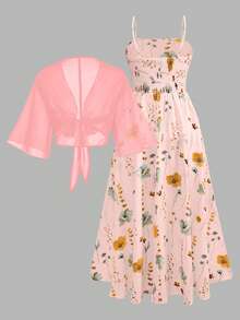 SHEIN Franclia 大码女装夏季碎花雪纺连衣裙及外套优雅两件套 - 淺粉色 - 查看 2