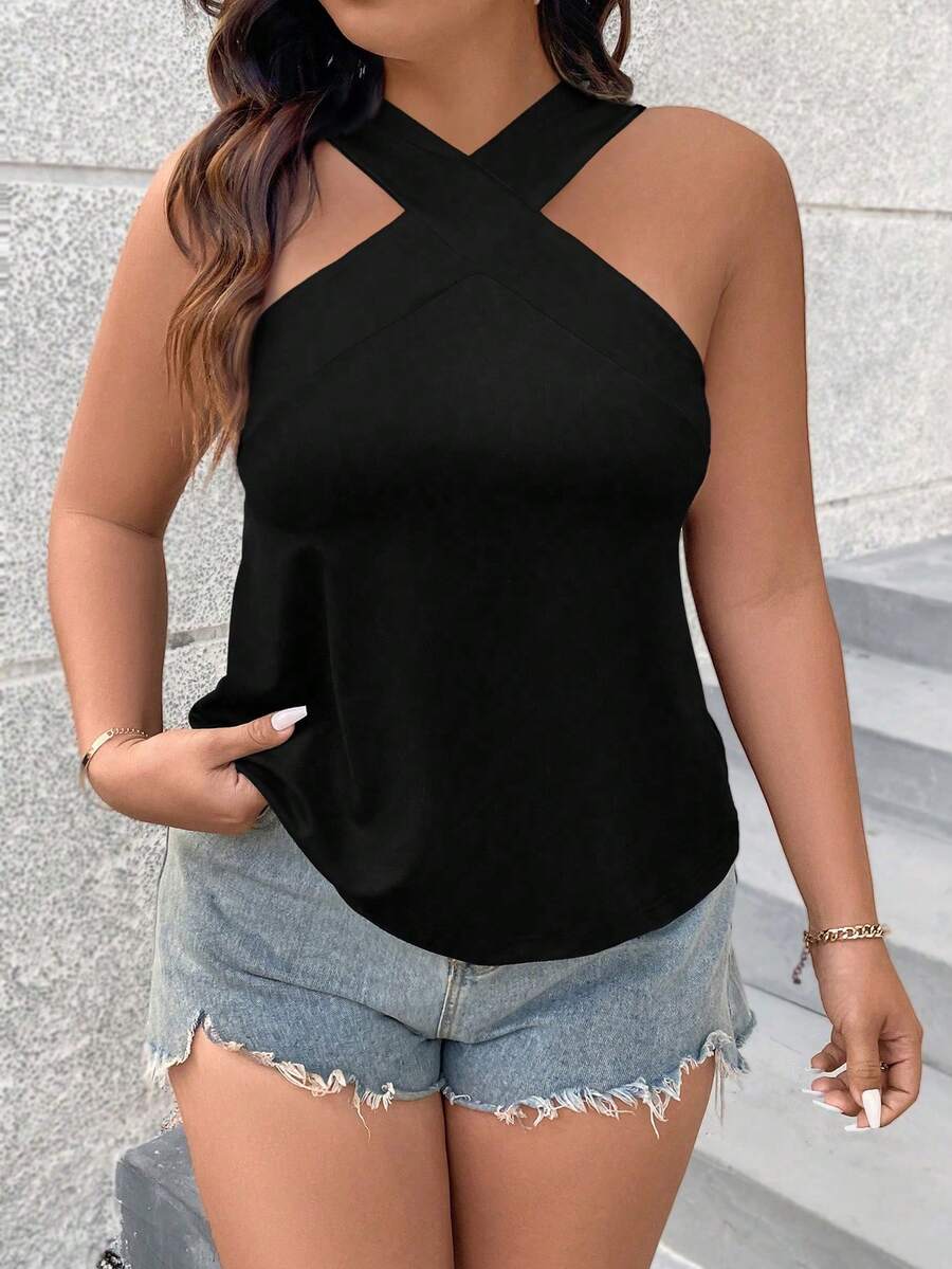 Breezaya Plus Size Color Block Halter Top Graphic Tees Women Tops - Black - View 1