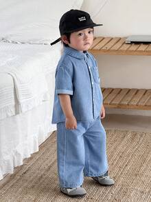 Bộ 2 món áo sơ mi và quần ống rộng bằng vải denim cho bé trai, màu xanh dương. - Rửa nhẹ - Xem 4
