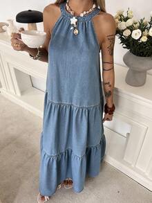 DAZY Đầm dài dáng rộng, không tay, cổ tròn, chất liệu denim mài, thích hợp cho nữ, thích hợp mặc mùa hè. - Rửa nhẹ - Xem 4