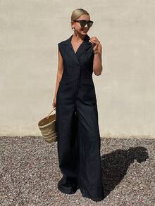 DAZY Women's Collared Sleeveless Casual Denim Jumpsuit - Black - View 3