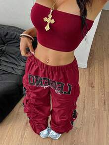 Coolane Dam Sommar Streetwear Ricing Athleisure Nummermönster Slim Fit Crop Tube Top Och Vida Ben Joggingbyxor Tvådelade Outfits - Röd - Visa 3