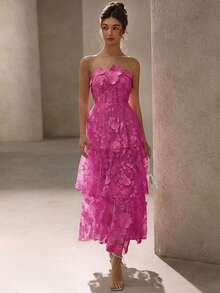 BELROSIE Solid Color Luxurious High-End Party Floral Strapless Dress, Suitable For Spring And Summer - Hot Pink - View 4