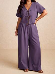 Elaquor Plus Size Purple V-Neck Raglan Short Sleeve Loose 2 Pieces Set Holiday Vacation Summer Tropical Boho - Purple - View 3