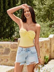 KARISMINA 女士春夏度假奶油黄弹力修身抹胸上衣，女士浪漫优雅性感扭结抹胸上衣 - 淡黃色 - 查看 8