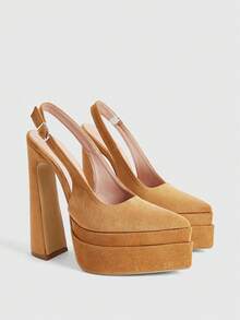 CUCCOO LuxiPop Women Pointed Thick Heel Double-Layer Thick-Soled Velvet Fabric Stylish, Simple And Comfortable Buckle For Daily Parties And Banquets - Fleece, camel - View 2
