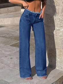 EURMUSE 100%Cotton Rigid, Belt Detailed Wideleg Fit - Blue - View 6