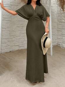 EURMUSE Casual Solid Color Batwing Sleeve Dress For Holiday - Army Green - View 5