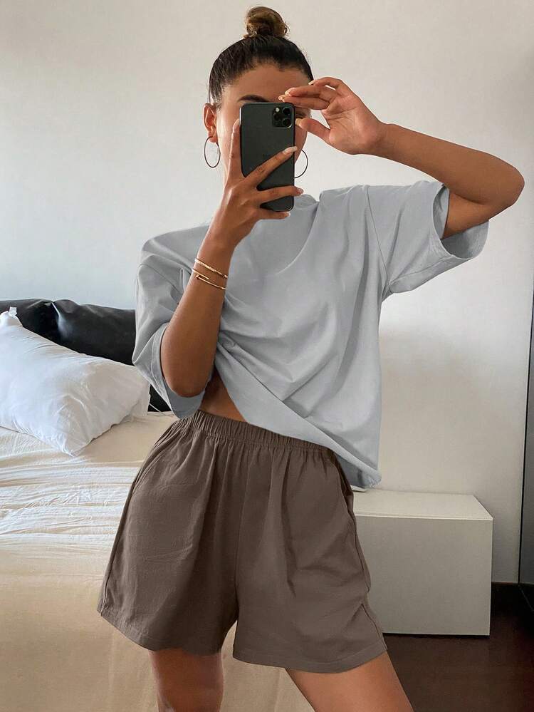 2pcs/Set Women Solid Color Loose Fit Short Sleeve Shorts Pajama Set, Summer