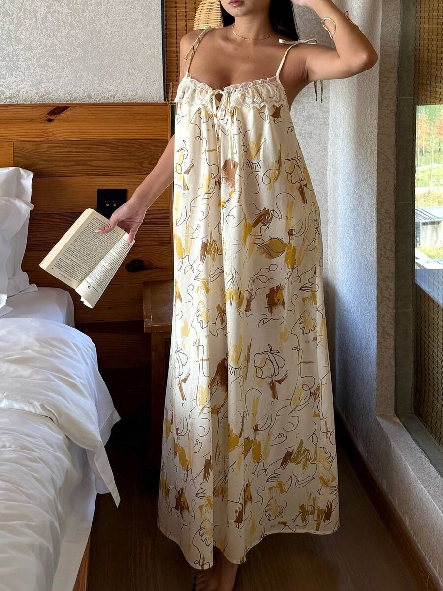 DAZY Vacation Style Abstract Graffiti Print Lace Trim Spaghetti Strap Long Women Nightgown - Apricot - View 1