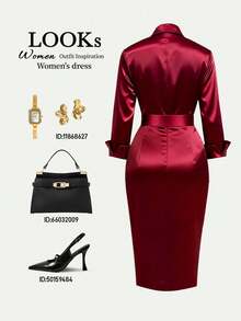 Franclia Petite 女士奢华缎面酒红色衬衫裙 - 长袖翻领纽扣前襟褶皱开衩下摆修身中长裙 | 优雅职场、鸡尾酒会、晚餐约会、早午餐皆宜 女士时尚酒红色连衣裙 女士职业装 女士优雅连衣裙 缎面连衣裙 女士商务装 女士周年纪念装 女士职业装 酒红色套装 女士酒红色套装 女士高贵气质套装 - 酒紅色 - 查看 2