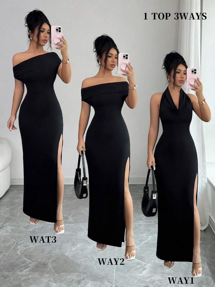 Selianne Đầm dài 3 trong 1 dành cho nữ, xẻ tà cao gợi cảm, cổ áo xếp ly, đầm trễ vai, thích hợp cho lễ hội, kỳ nghỉ biển, tiệc trà, phong cách tối giản, đầm thanh lịch, đầm đen, dạ hội tốt nghiệp, trang phục đi biển, trang phục dự đám cưới, trang phục mùa hè. - màu đen - Xem 1