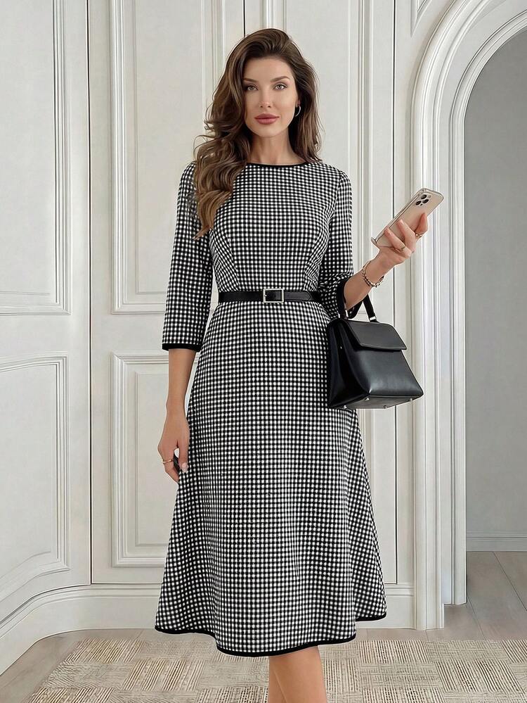 Women's Elegant Plaid Mid-Length Dress For Commuting,Fall Dresses For Women