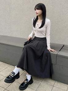 FRIFUL 女士极简时尚蕾丝拼接荷叶边系带波点长袖T恤 - 粉色 - 查看 2