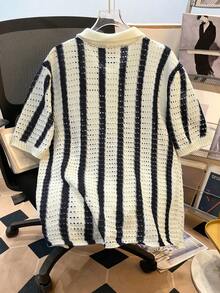 Manfinity Joysei 男士条纹短袖镂空单排扣休闲针织上衣 - 彩色 - 查看 2