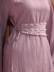 Graceveil 两件套女士纹理纯色圆领优雅宽松长袖上衣，腰部系带配珍珠装饰 - 淺灰紫 - 查看 3